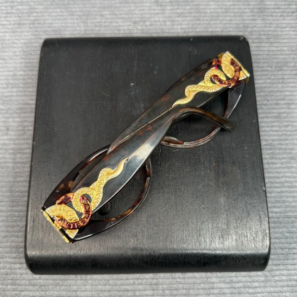 Vintage Tortoise Shell Snake Temple Y2K Eyeglasses Gold Serpent‎  Oval Frames